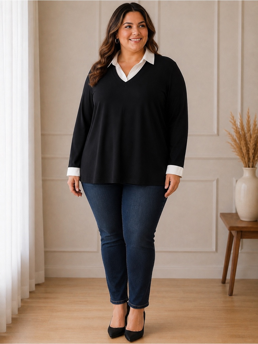 Karen Scott Black V-Neck Layered-Look Top with White Collar & Cuffs